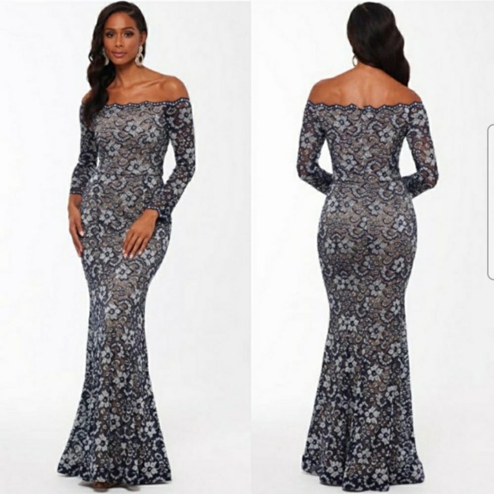 XSCAPE Off The Shoulder Beaded Lace Mermaid Gown - Size 4